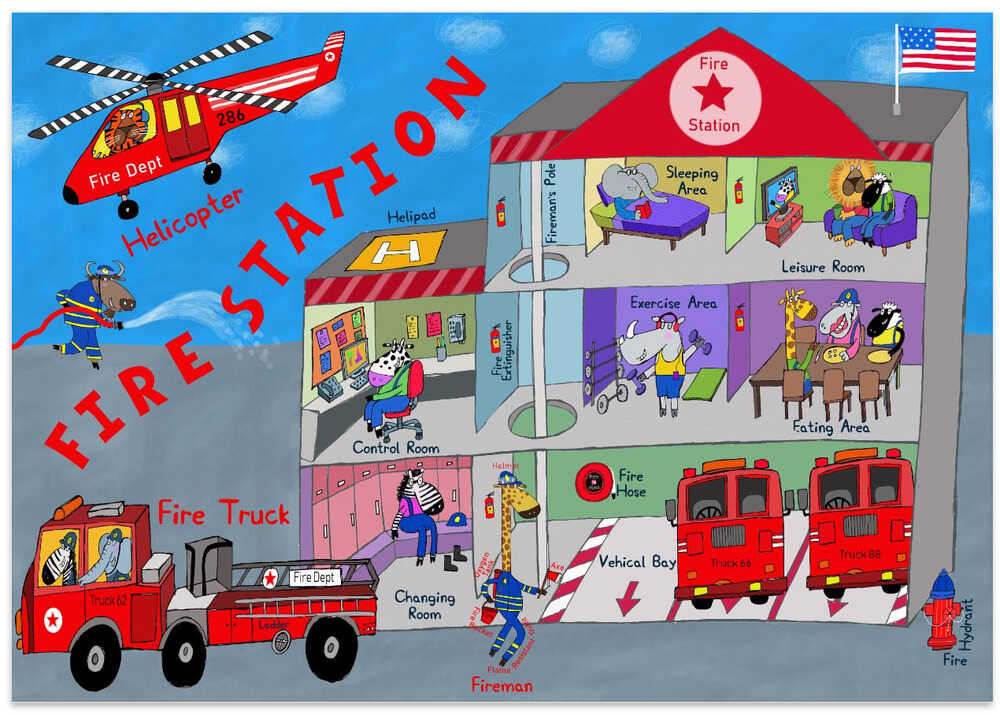 Firemen and the Fire Station by Artist Carla Daly