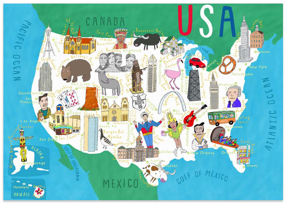 Illustrated Map of the USA by Artist Carla Daly