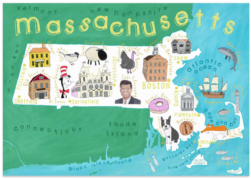 Illustrated Map of Massachusetts by Artist Carla Daly