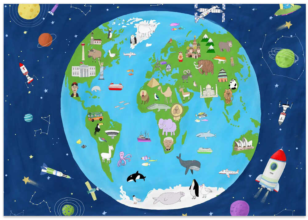 Illustrated Map of the World from Space by Artist Carla Daly