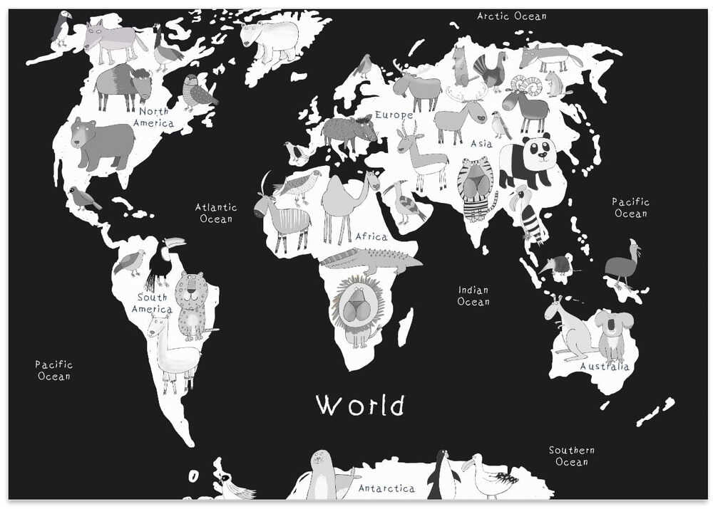 Black and White Illustrated Animal World Map by Carla Daly