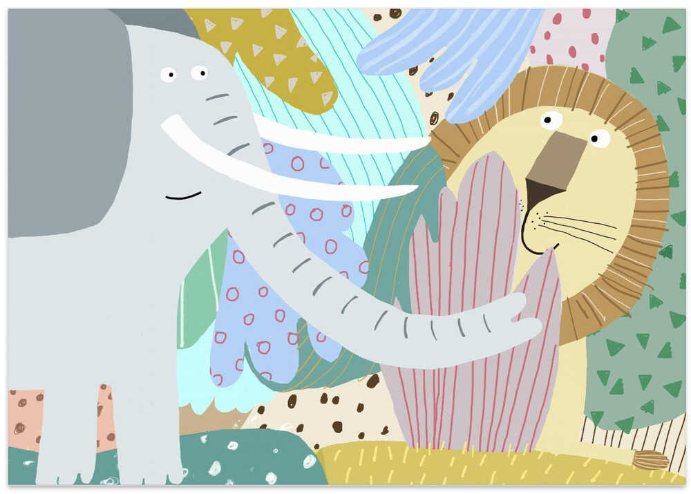 Cute Elephant with Lion Peeking Out of the Jungle