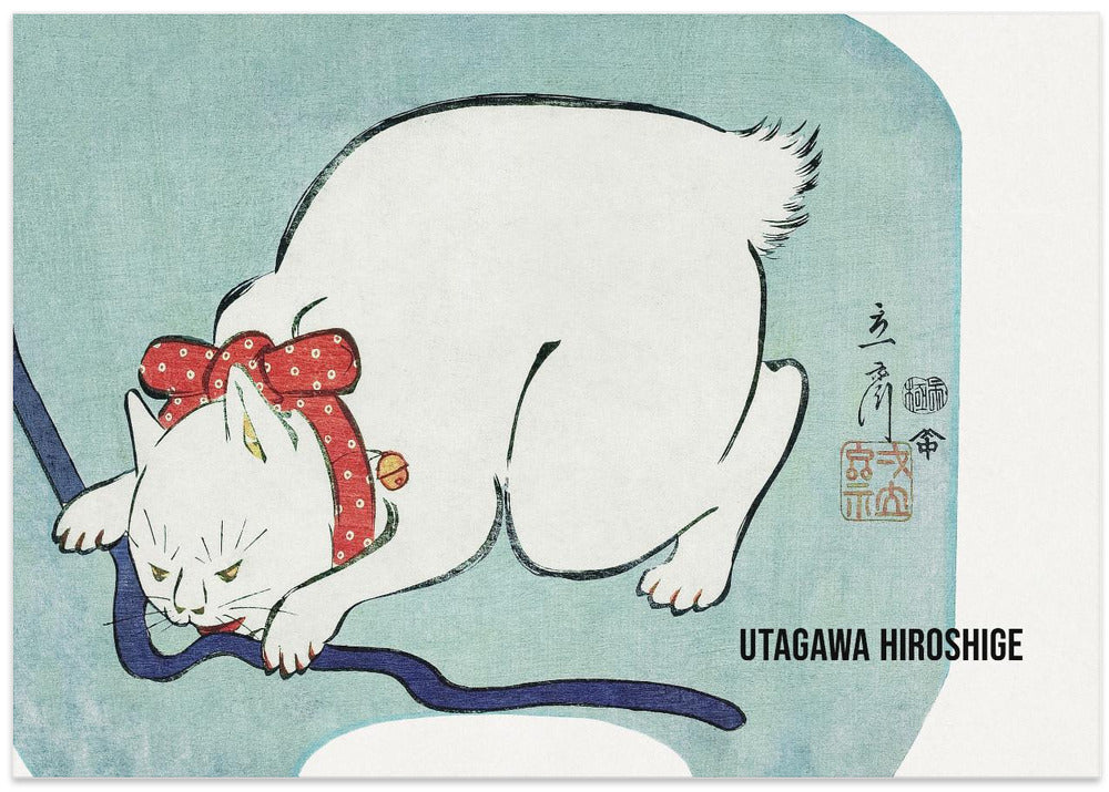 Japanese White Cat (1863) Vintage Woodblock Print