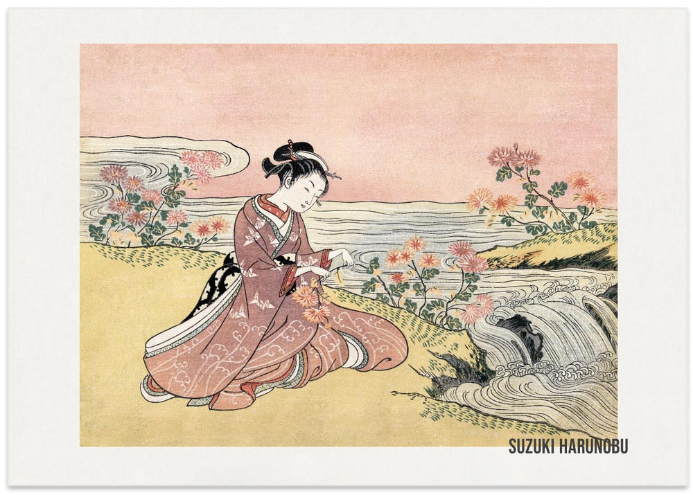 Japanese Woman Picking Chrysanthemum (1725 1770) Vintage Woodblock Print