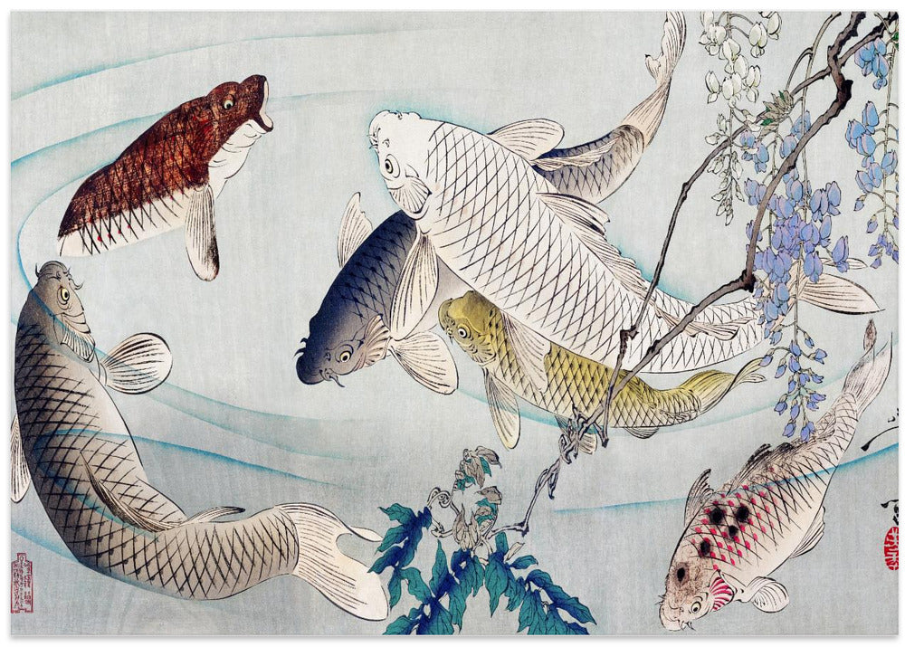 Six Carp Swimming Beneath Wisteria (1889)