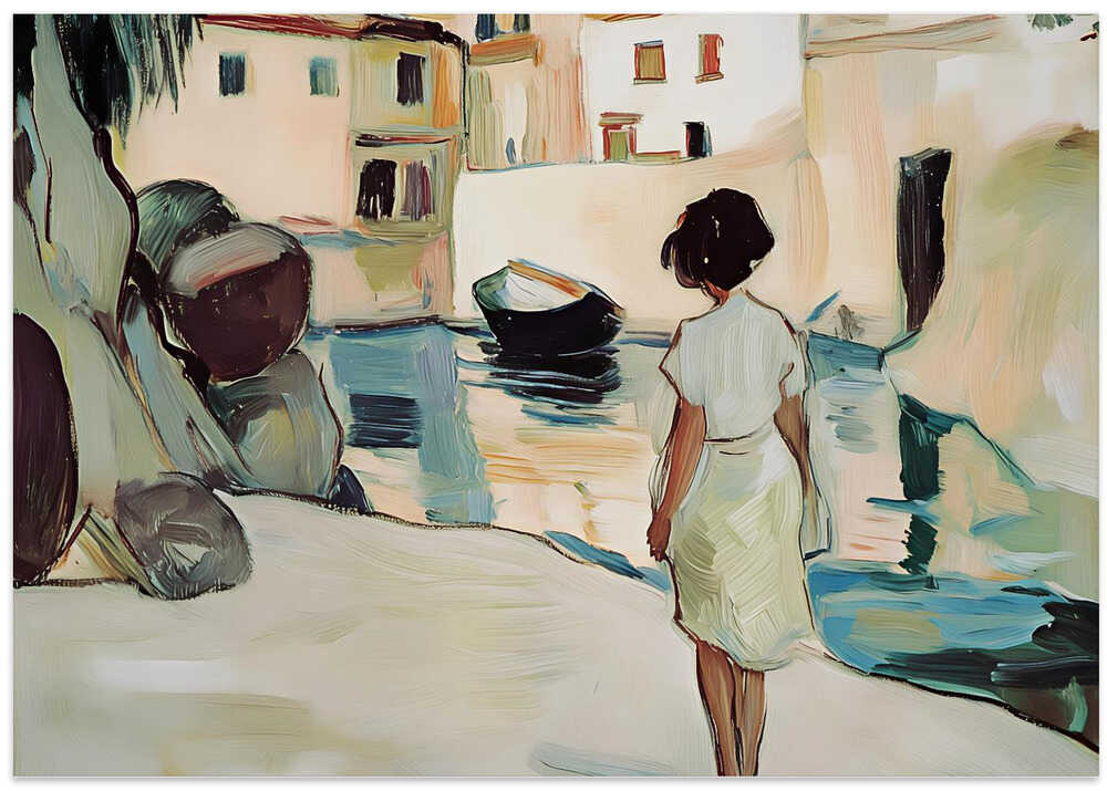 Solitary Figure Overlooking a Serene Canal with Boats