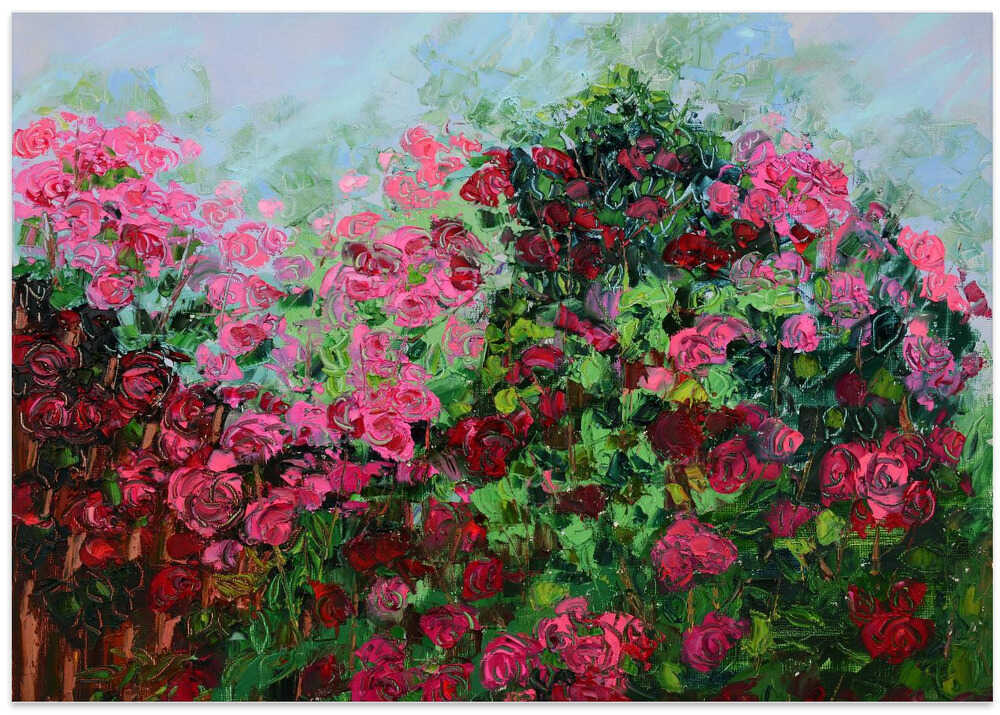 Lush Garden Of Pink And Red Roses