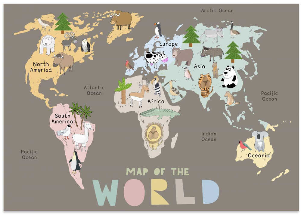 Map of the World with Cute Animals
