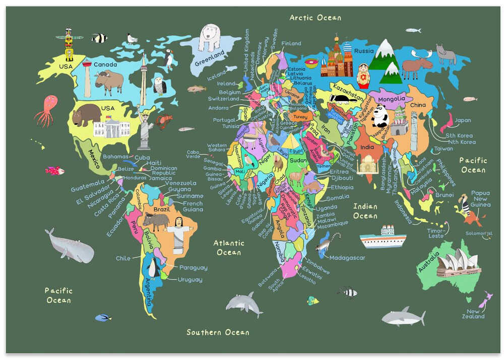 Educational Illustrated Map of the World for Kids