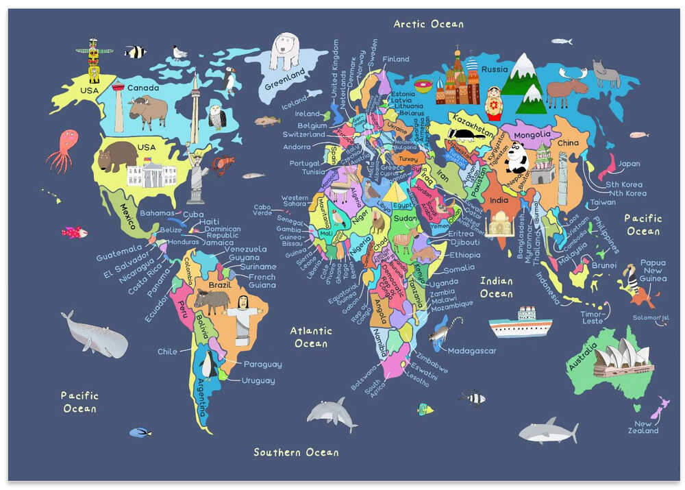 Educational Illustrated Map of the World for Kids