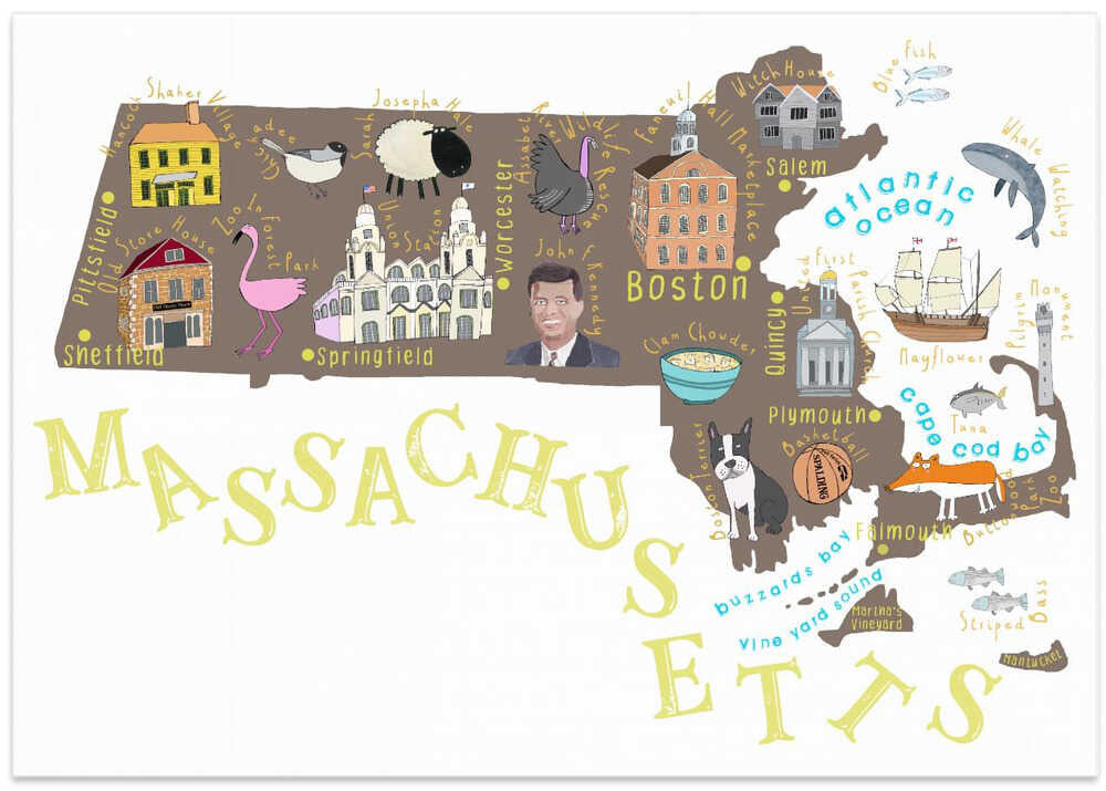 Illustrated Map of Massachusetts by Artist Carla Daly