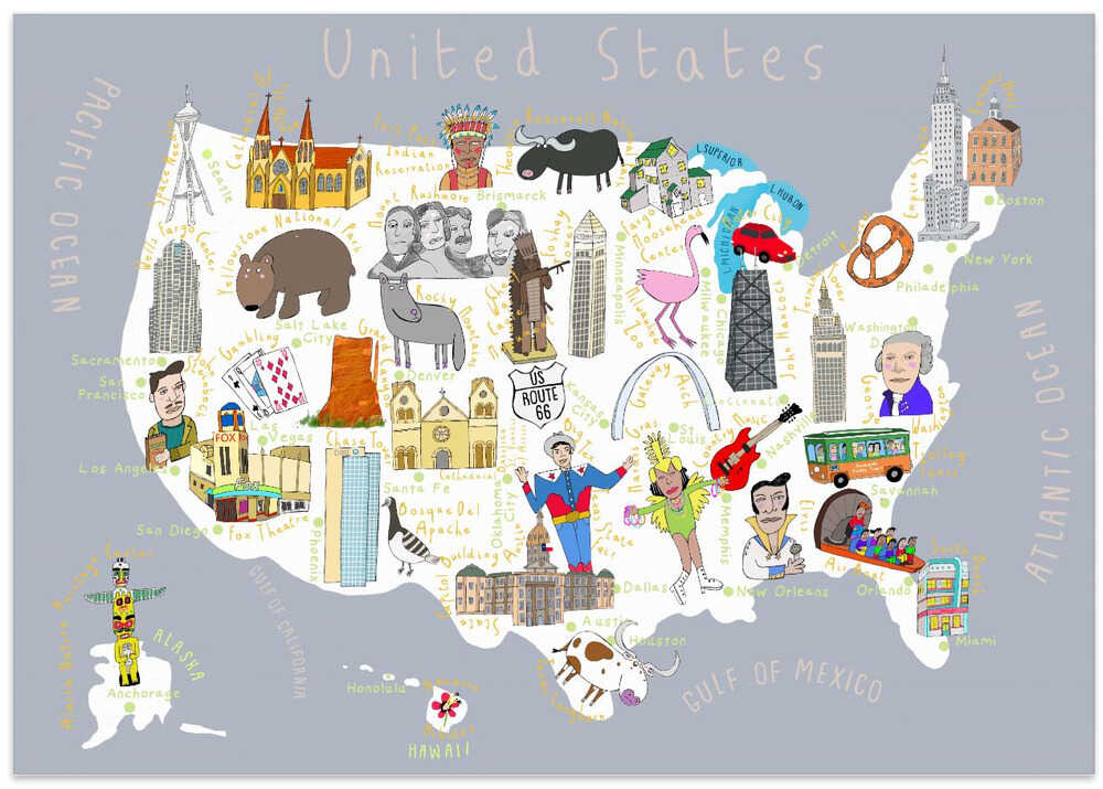 Illustrated Map of the USA by Artist Carla Daly
