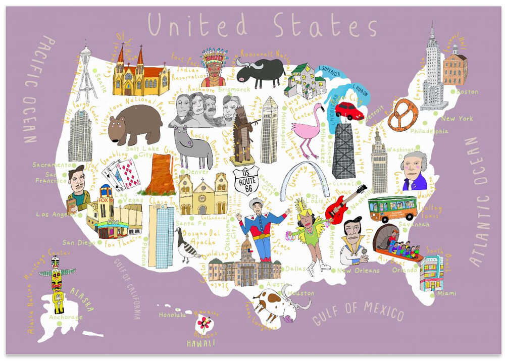 Illustrated Map of the USA by Artist Carla Daly