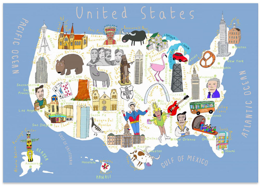 Illustrated Map of the USA by Artist Carla Daly