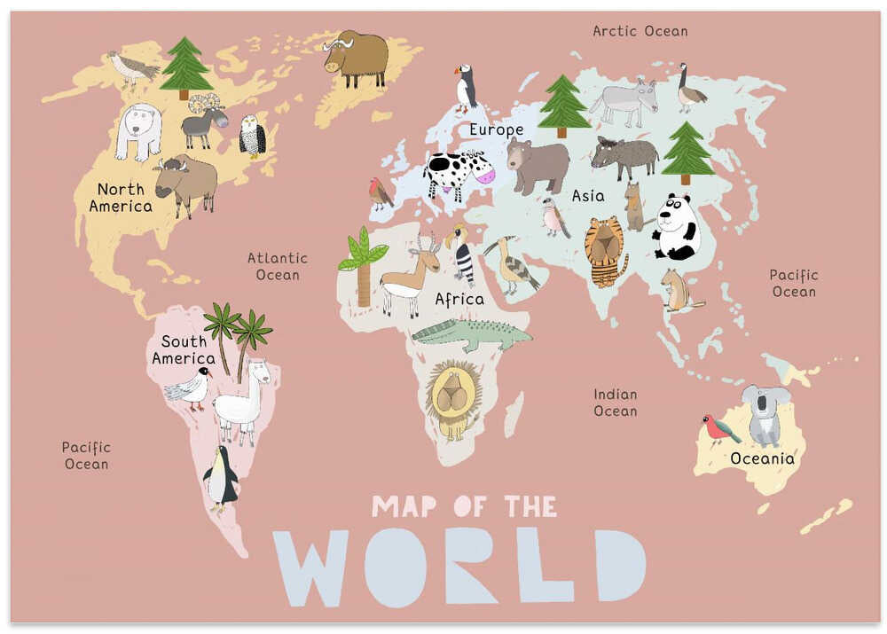 Map of the World with Cute Animals