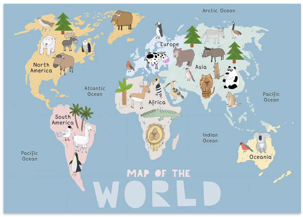Map of the World with Cute Animals