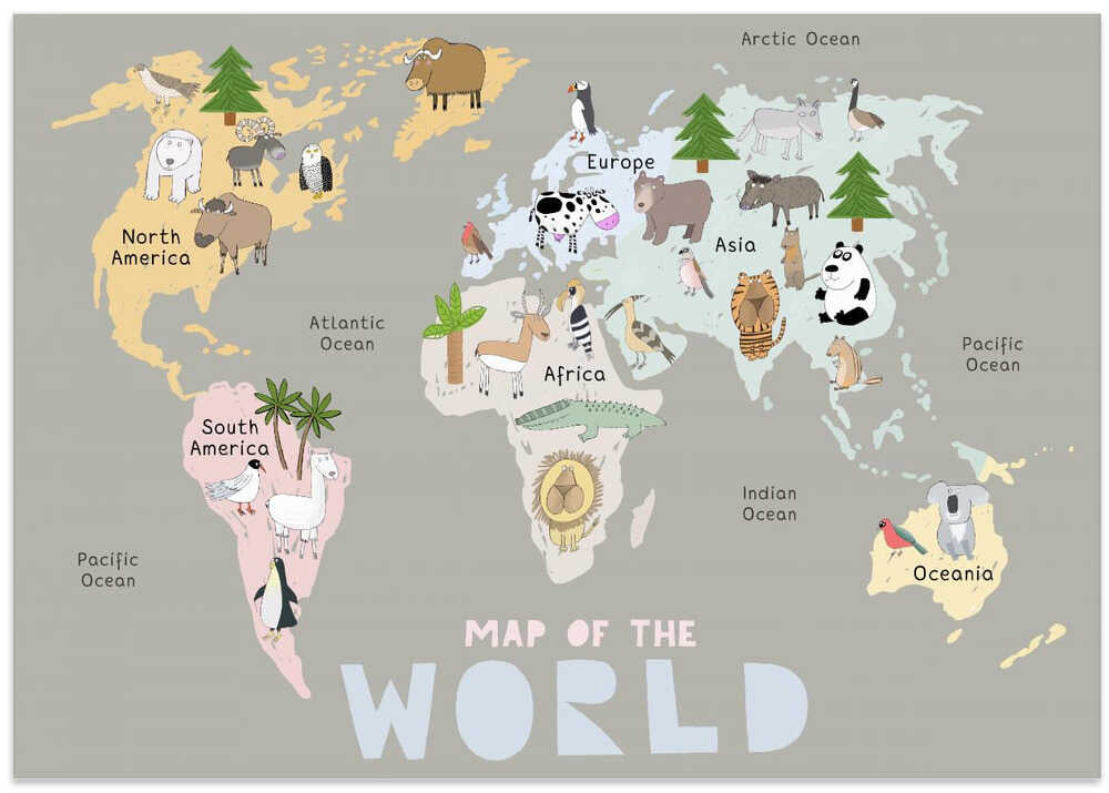 Map of the World with Cute Animals