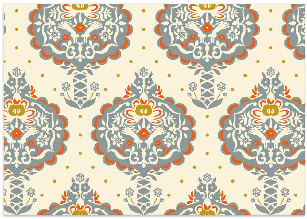 Garden Tales folksy apple trees cream and dusty blue pattern