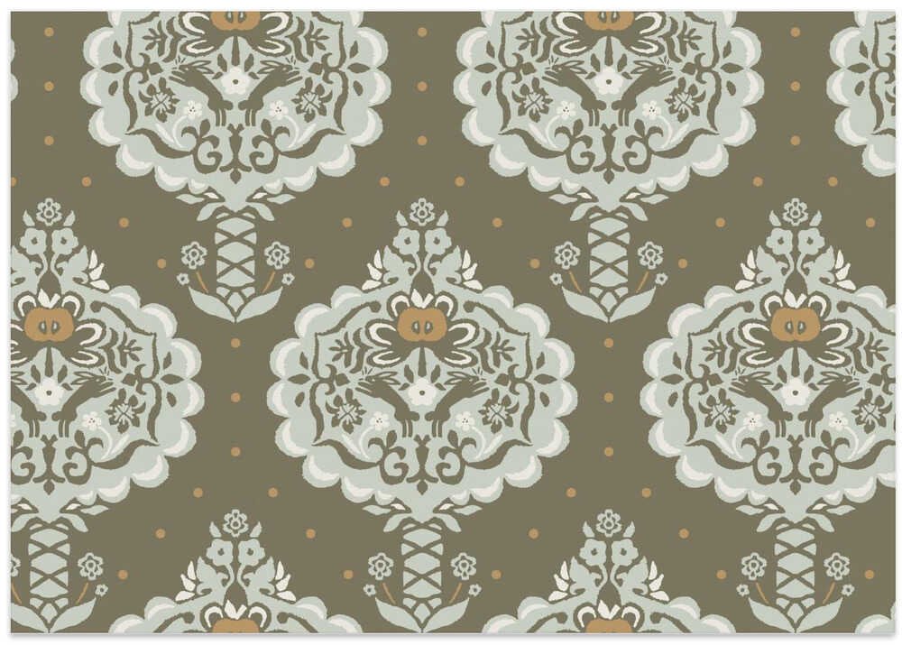 Garden Tales folksy apple trees earthy moss pattern