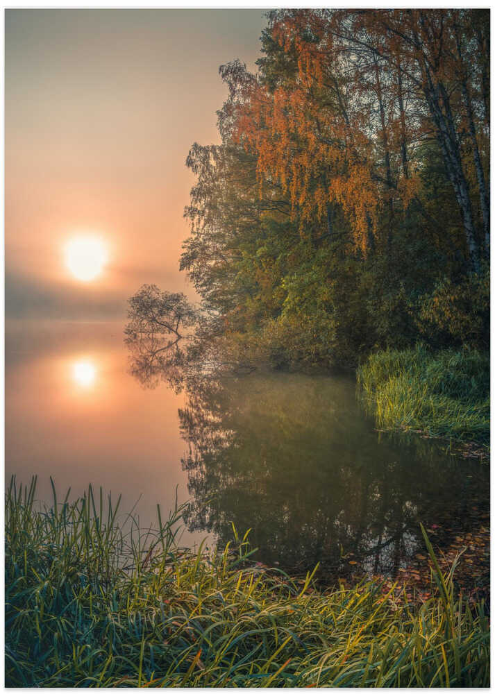 Foggy fall lake