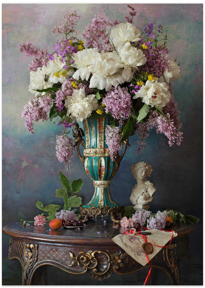 Still life with flowers and bust of the girl