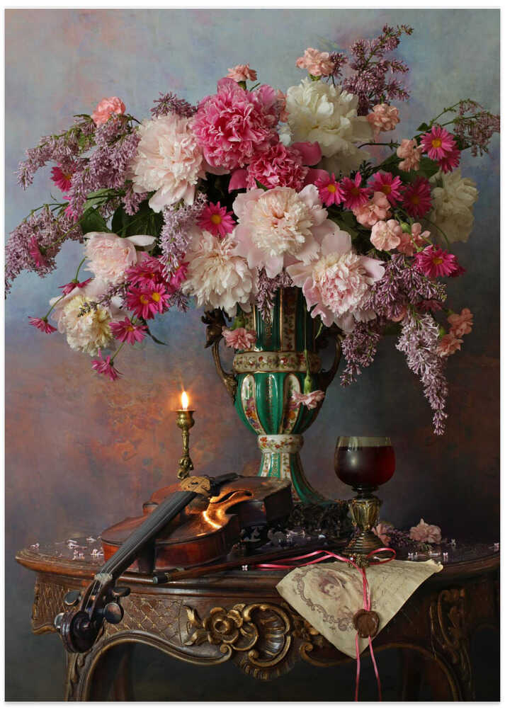 Still life with violin and flowers