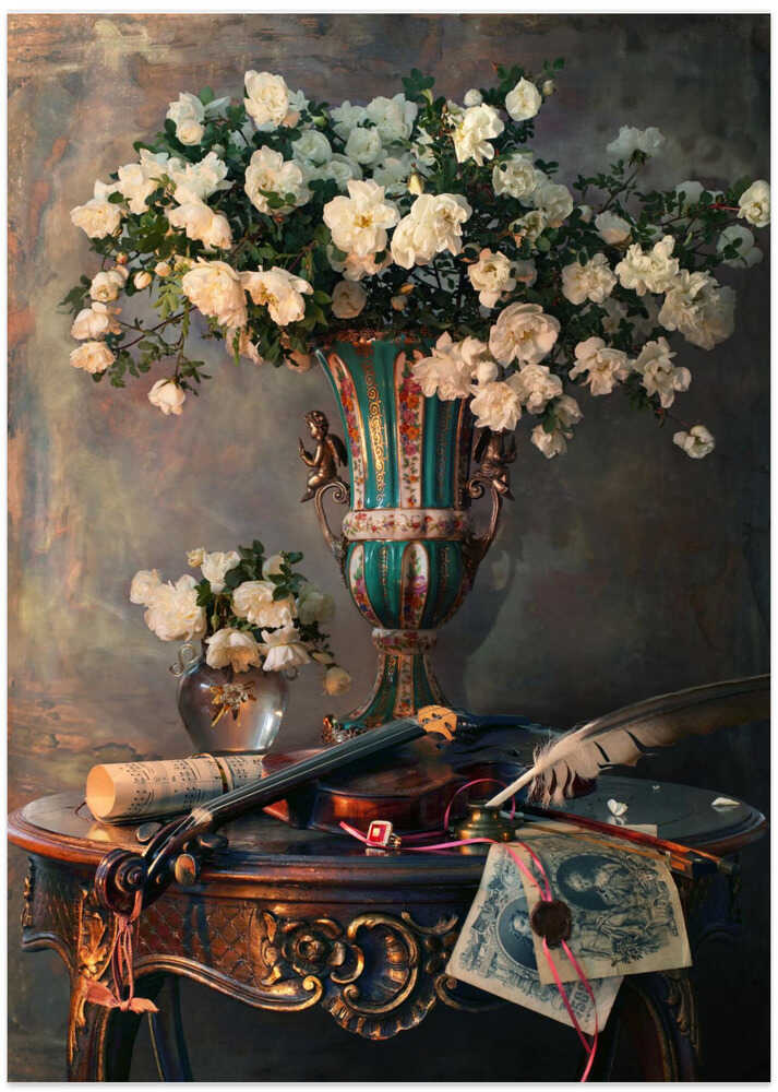 Still life with violin and flowers