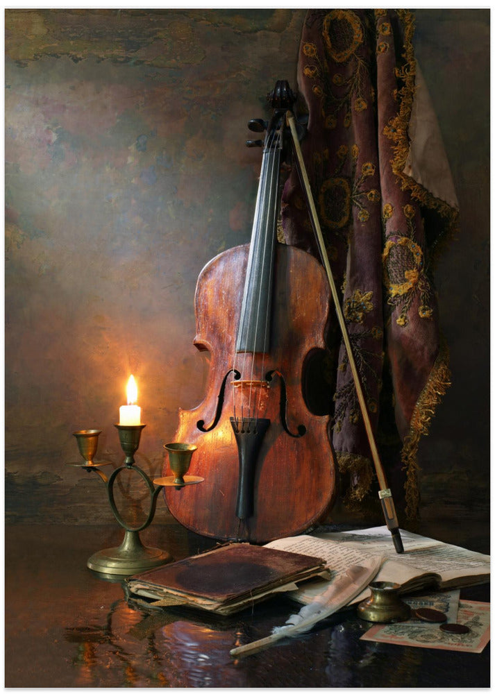 Still life with violin and candle