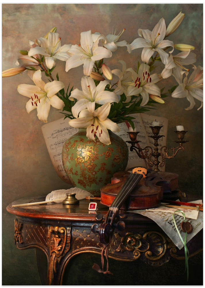 Still life with violin and lilies