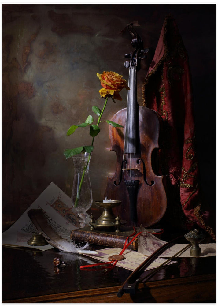 Still life with violin and rose