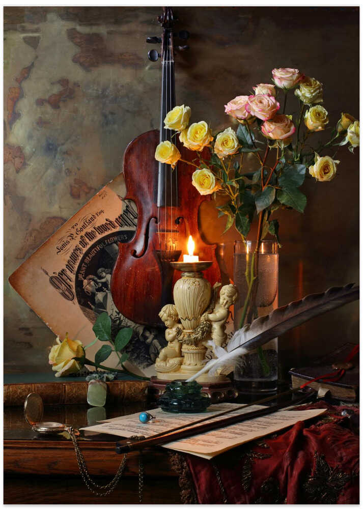 Still life with violin and flowers