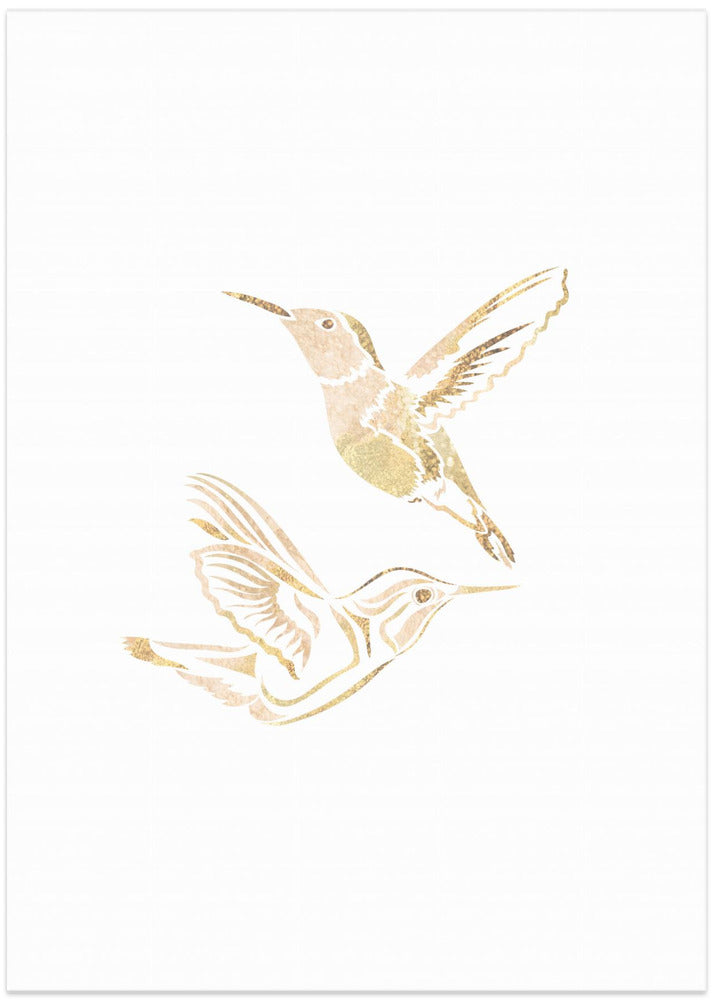 Art Prints of Gold Hummingbird Line art Silhouettes 2
