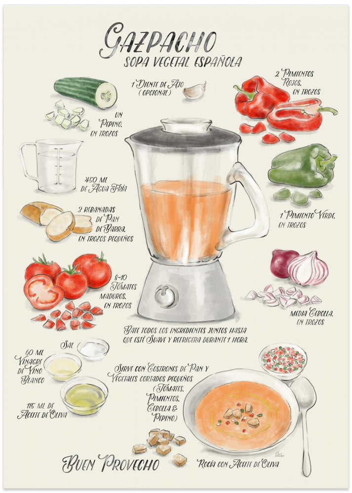 Art Prints of Gazpacho illustrated recipe in Spanish