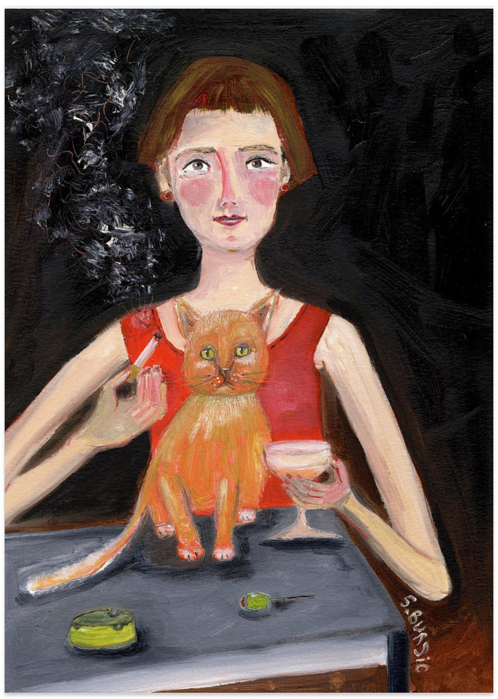 Vintage woman with cocktail and cat