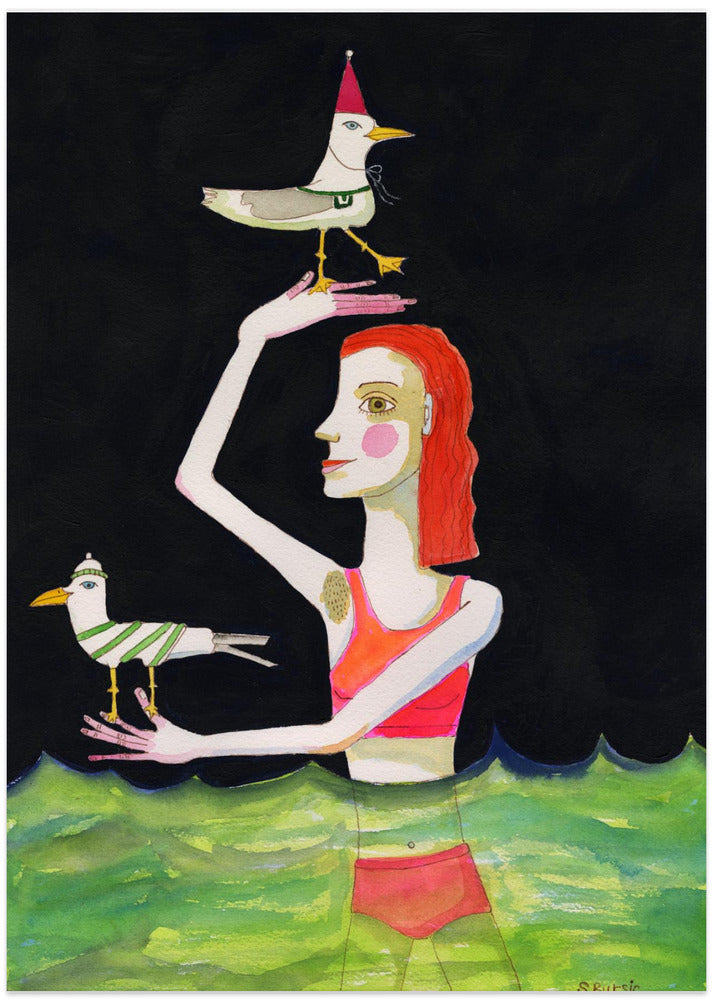 Swimming Lady with birds