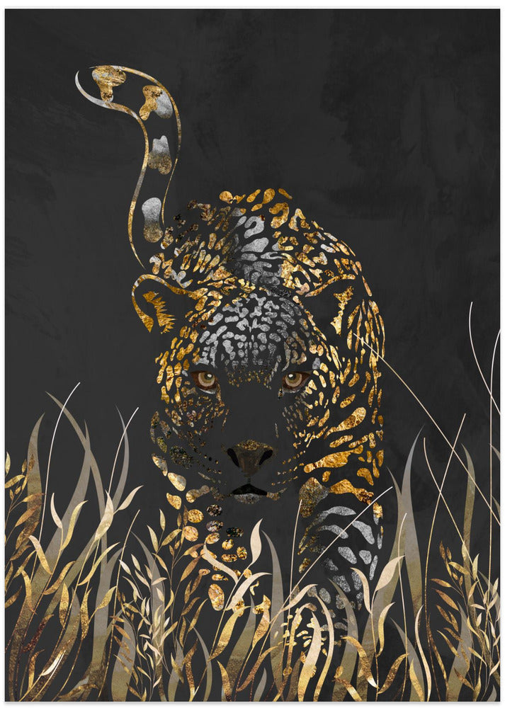 Black gold jaguar in grass