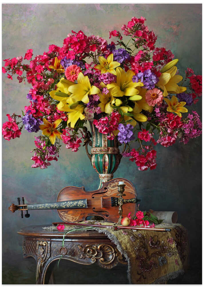 Still life with violin and flowers