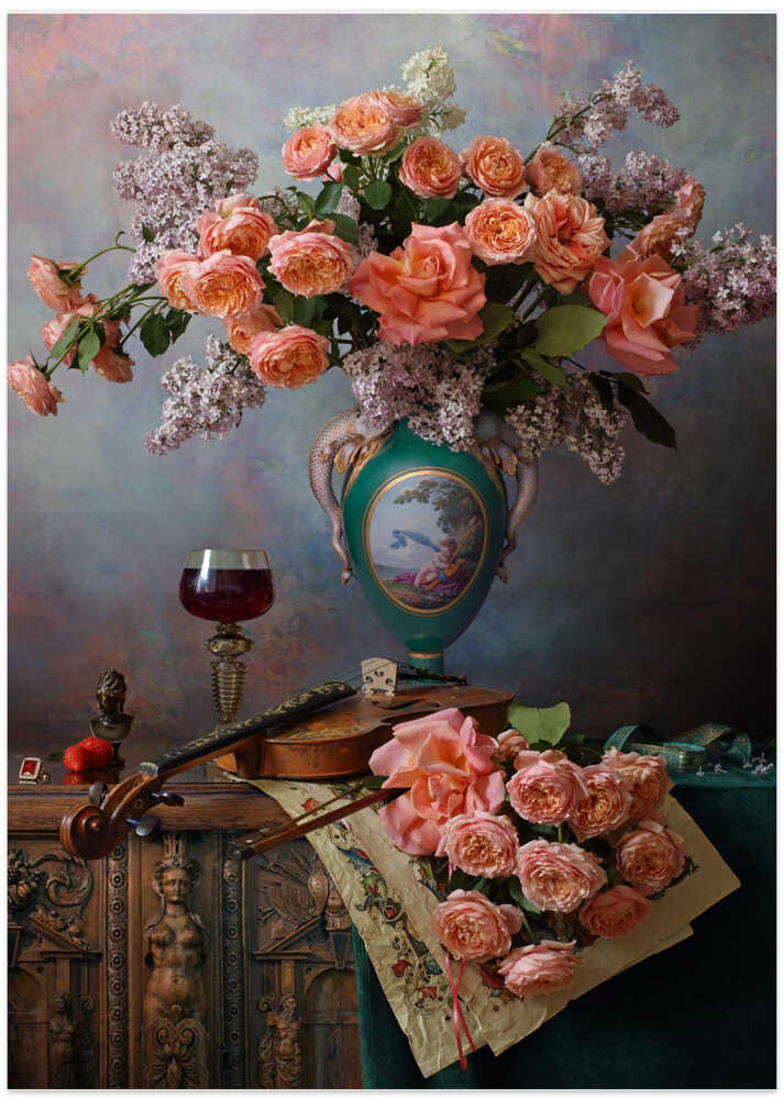 Still life with violin and roses