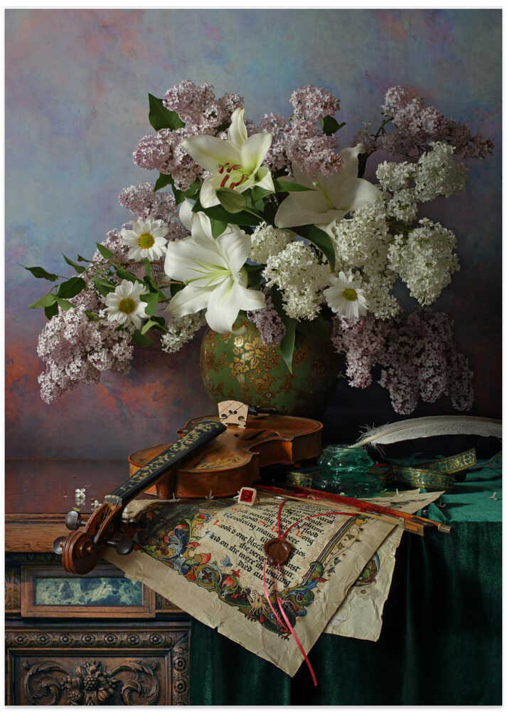 Still life with violin and flowers