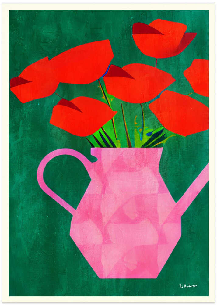 Red Poppies In a Pink Vase