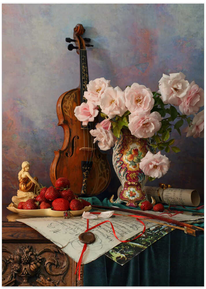 Still life with violin and roses