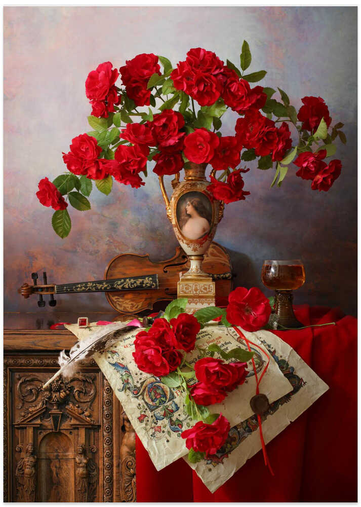 Still life with violin and red roses