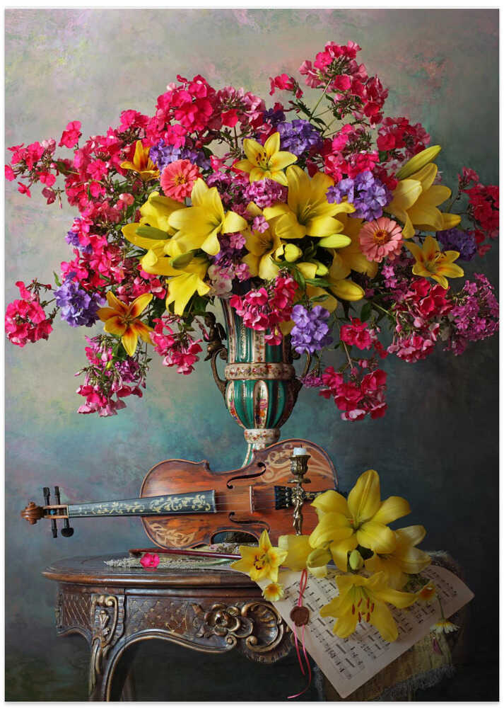 Still life with violin and flowers