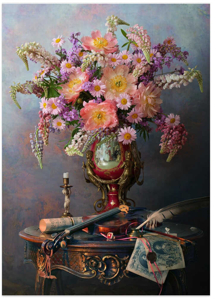 Still life with violin and flowers