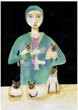 Art Prints of Lady with Five Siamese Cats