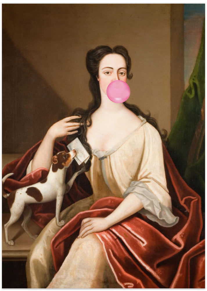 Renaissance Bubble Gum Portrait and Dog / Altered Art