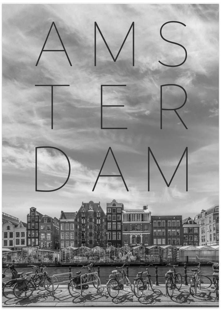 Art Prints of AMSTERDAM Singel Canal with Flower Market | Text & Skyline