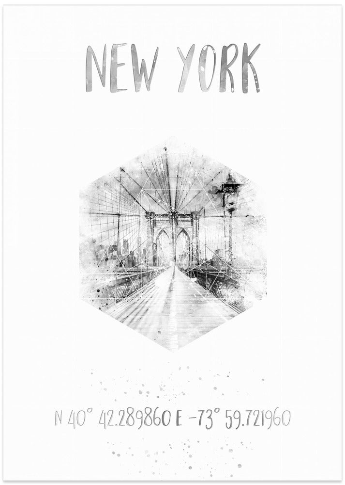 Art Prints of Coordinates NYC Brooklyn Bridge | monochrome watercolor