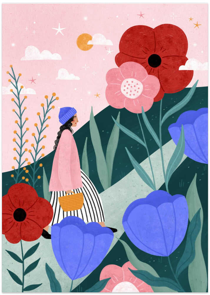 Woman Walking in Flower Garden