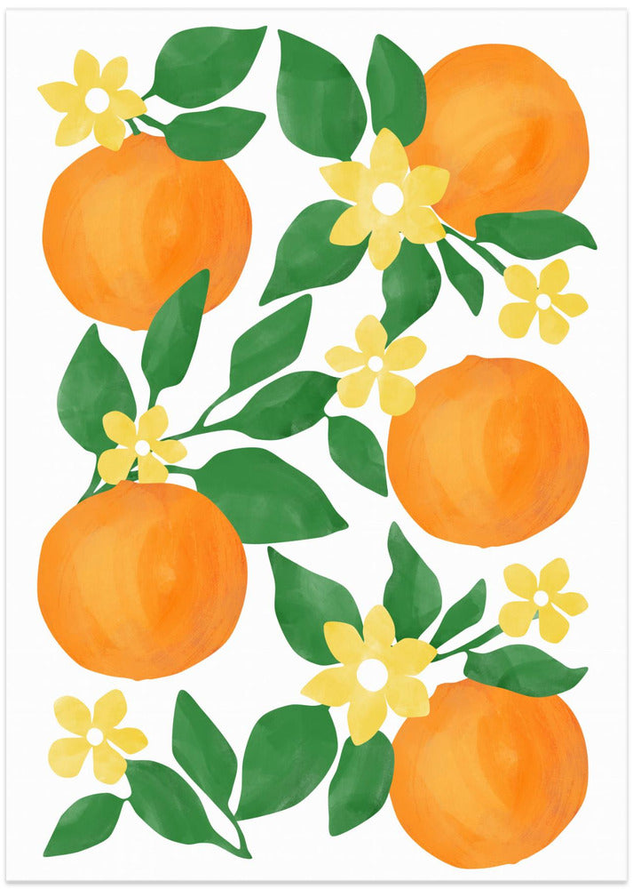 Oranges with Green Leaves and Delicate Yellow Flowers